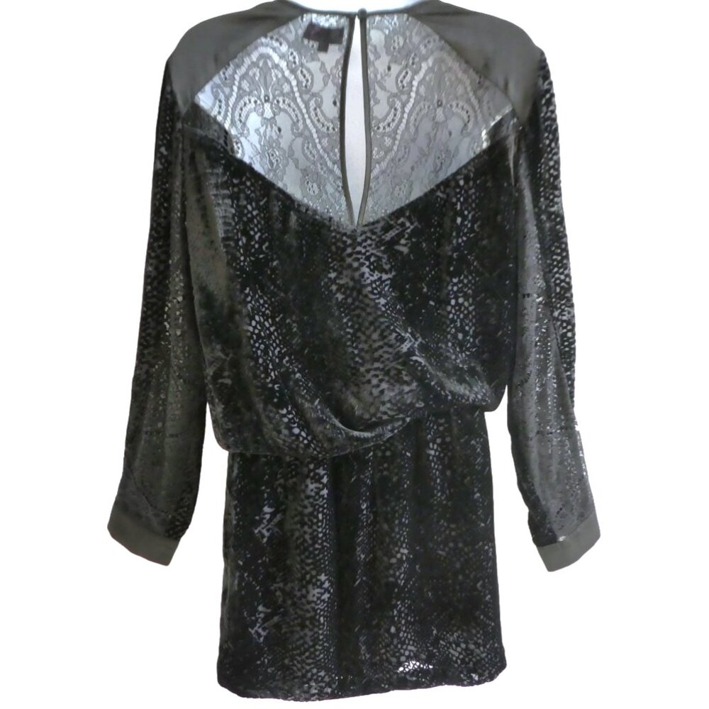 SiLK VeLVeT Hale Bob Black Burnout Mini Dress Lace Up Blouse Elastic Waist M